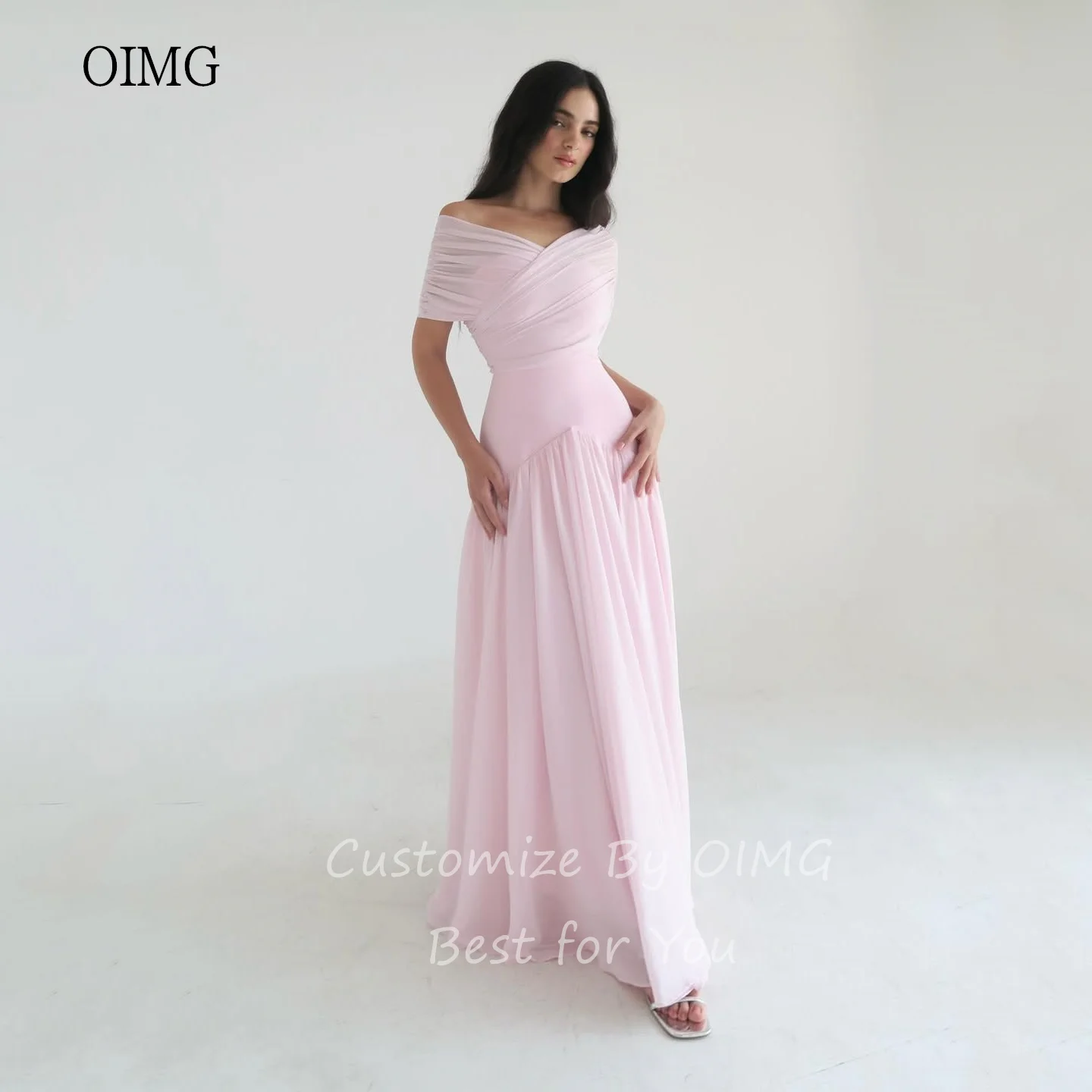 OIMG Maxi rosa con hombros descubiertos, vestidos de graduación de línea A, vestido de fiesta sin espalda, vestido de noche aireado hasta el suelo, personalizado 2025