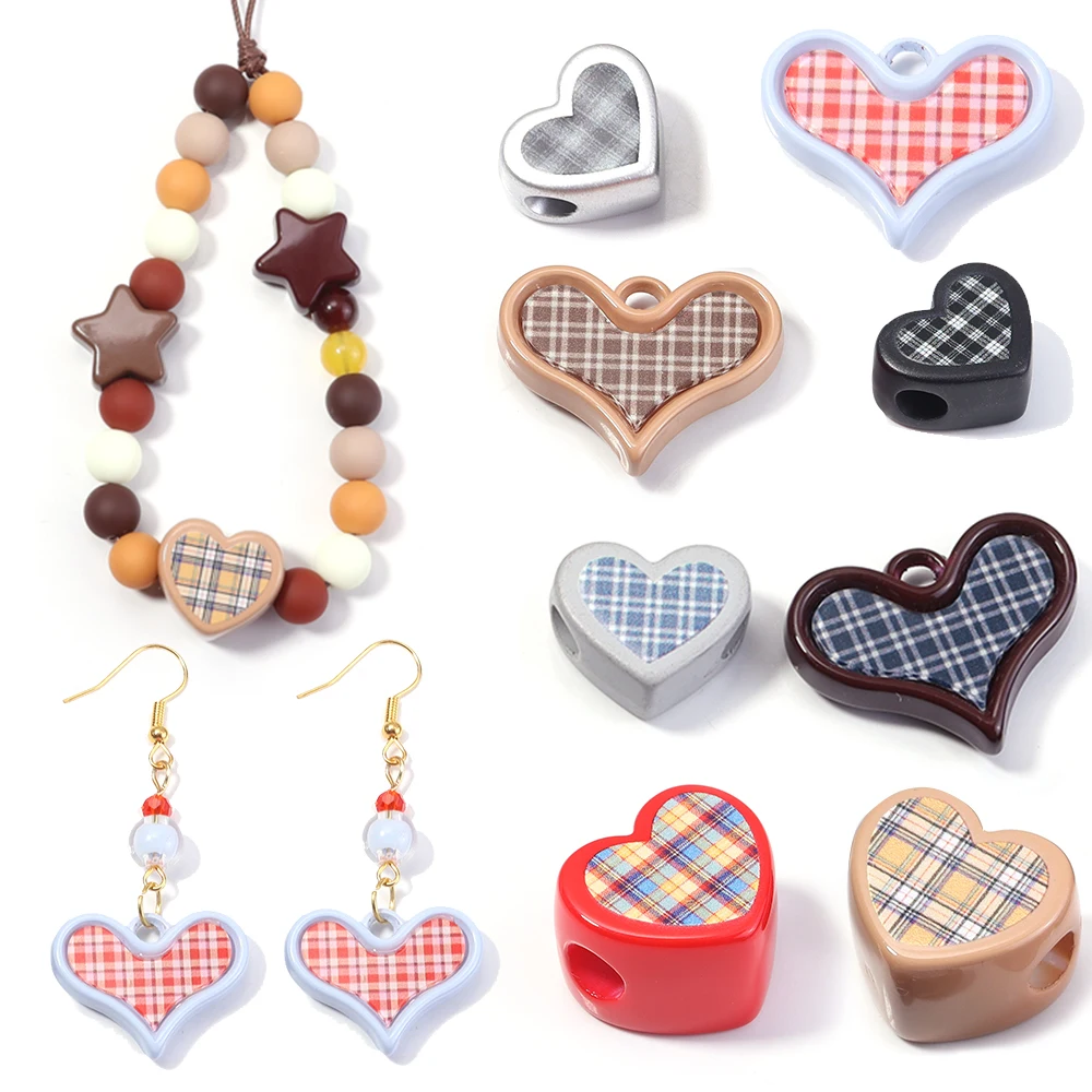 5-10pcs/lot Cream Color Heart Acrylic Beads Vintage Plaid Love Shape Loose Spacer Beads For Jewelry Making DIY Necklace Kaychain