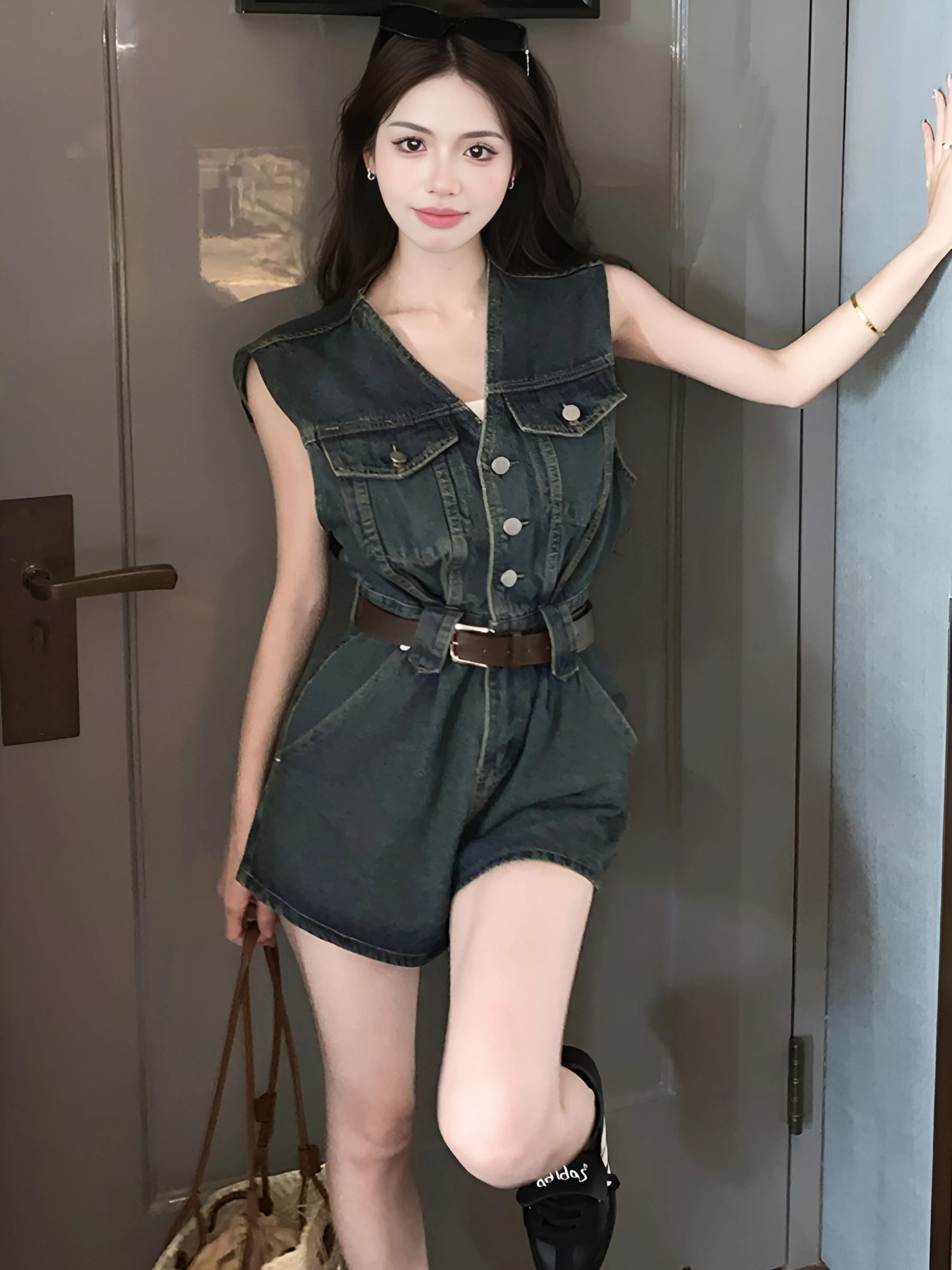 

Крутой джинсовый жилет и брюки-палаццо в стиле Pure Desire Design Sense для женщин, комплект с поясом, летняя мода