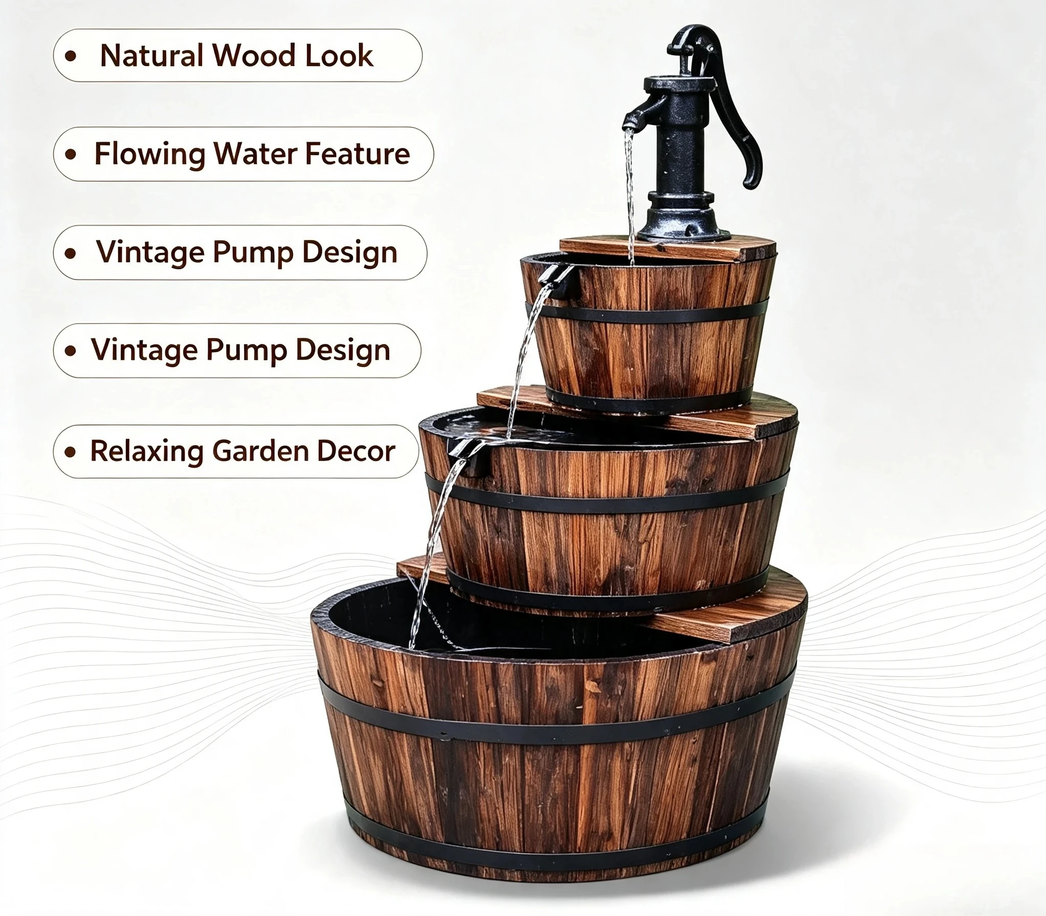 Outdoor Garden Courtyard Decor, Wooden Circulating Water Landscape Ornament，Antiseptic Wood Flowing Water Fountain