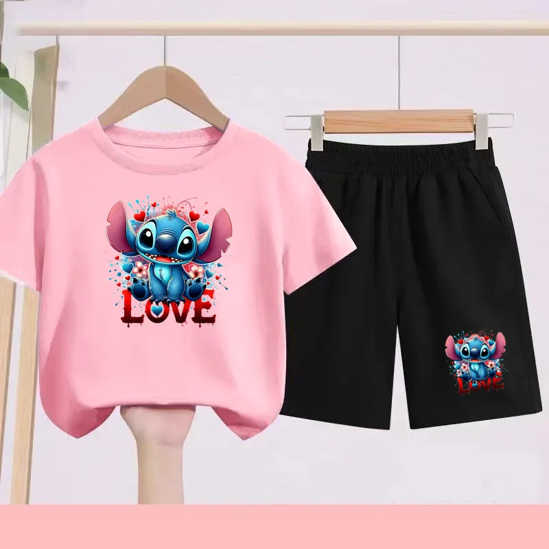 

Kids New Stitch Print Charming T-shirt Top +Shorts Fashion Short sleeves 3-12Yrs Gift Boys Girls Toddler Sports Party Casual Set