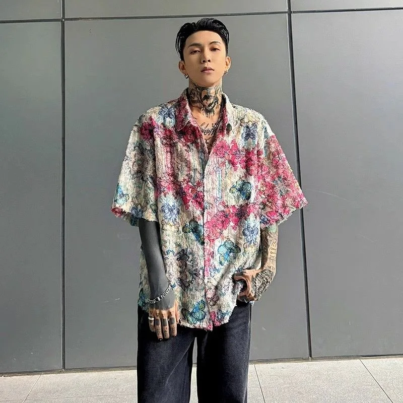 Make Y2K Ins Chic Party Night Club Shirts Tops Men Summer Tassel Butterfly Design Trendy Colorful Handsome Blouse Sexy Cafe Tees