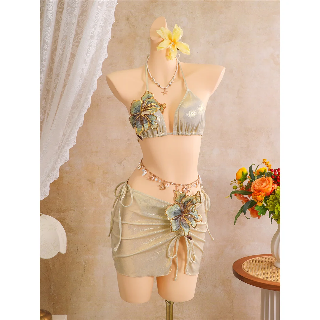 3D-Blumen mit Rock, Neckholder-Bikini, Damen-Badebekleidung, dreiteiliges Bikini-Set, gepolsterter Badeanzug, Badeanzug, Schwimmbekleidung V8368 – Detail 6