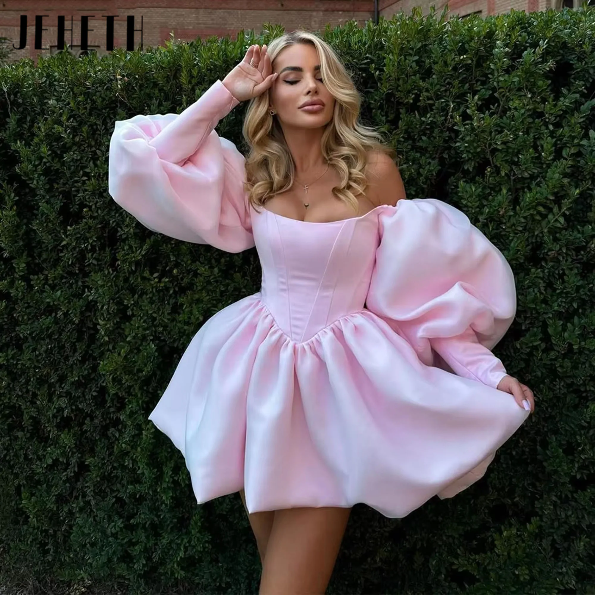 

JEHETH A-Line Short Prom Dresses Off Shoulder Puff Sleeveless Homecoming Party Gowns Women Ball Gown Cocktail Dress Customized