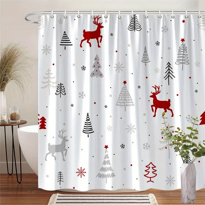 1pc 2D Flat Shower Curtain, Line Art Print of Reindeer & Pine, Christmas Bathroom Decor, Great Gift for Christmas