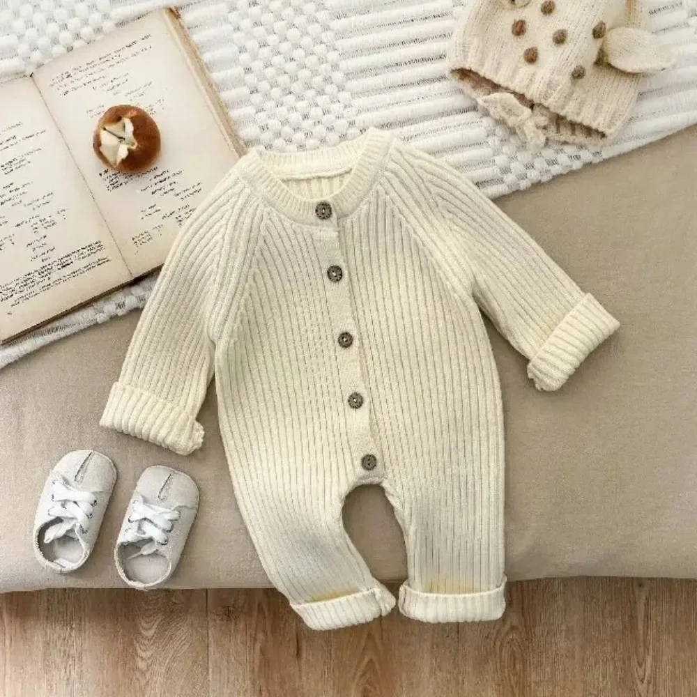 4614 Baby Jumpsuit 2024 Autumn and Winter New Solid Color Baby Boy's Knitting Climbing Clothes