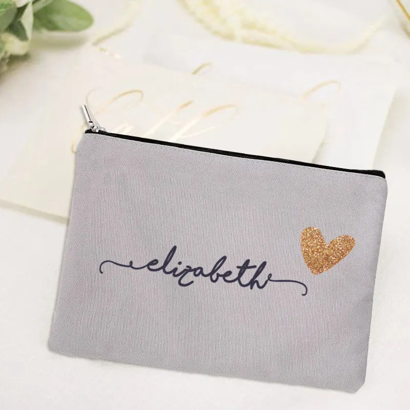 Gift for Her Bridesmaid Proposal Custom Name Makeup Pouch Bridesmaid Present Personalized Grey Makeup Bag Canvas Cosmetic Bags