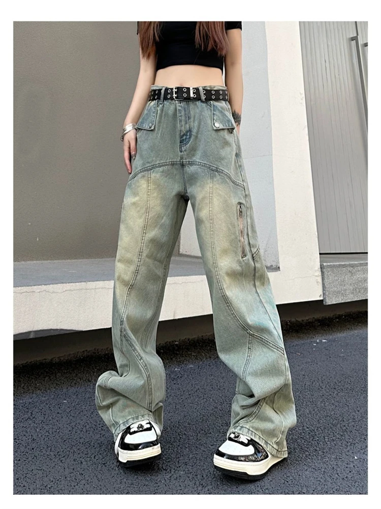 

Women's Patchwork Detailed High Waisted Casual Jeans Street Cool Girl Bottoms Vintage Style Pants Female Baggy Denim Trousers