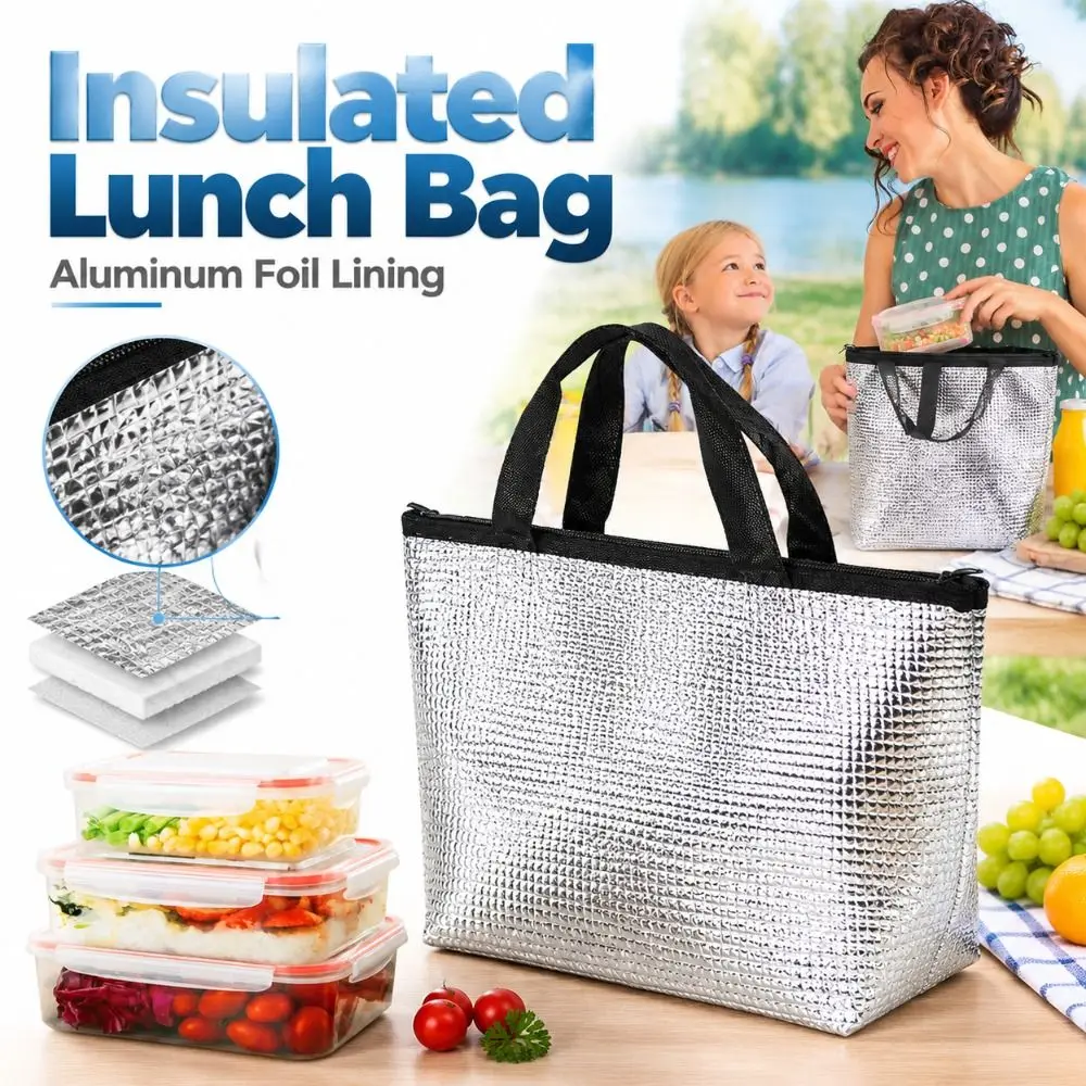 New Aluminum Foil Lining Lunch Bag Pearl Cotton Padding Zipper Closure Insulated Cooler Bag Reusable Silver Thermal Tote Picnic