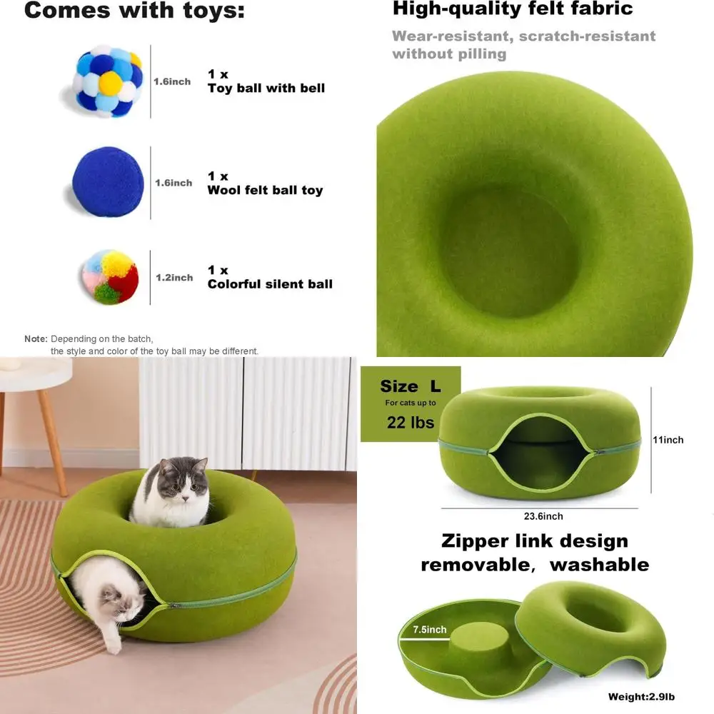 

Green Cat Tunnel Bed with 3 Toys, Scratch-Resistant Donut Bed for Indoor Cats up to 30 lbs, Size L 24x24x11