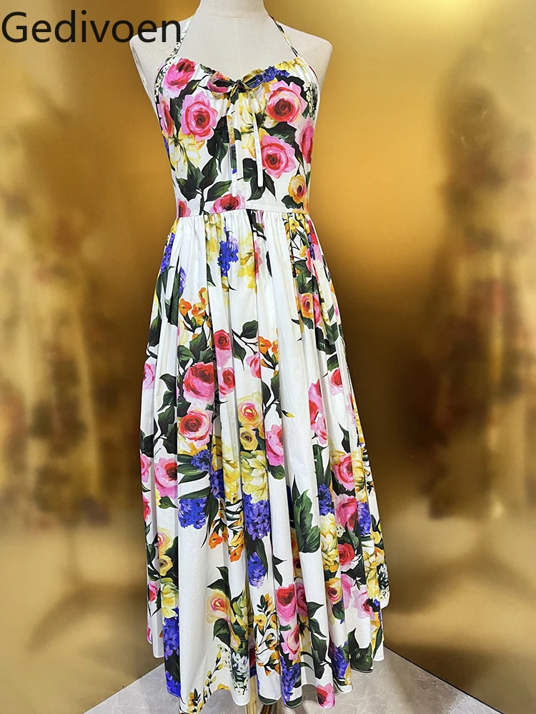 

Gedivoen Fashion Designer Summer Women's Dresses Spaghetti Strap Printing Print Office Lady Empire Mid-Calf A-LINE Dress