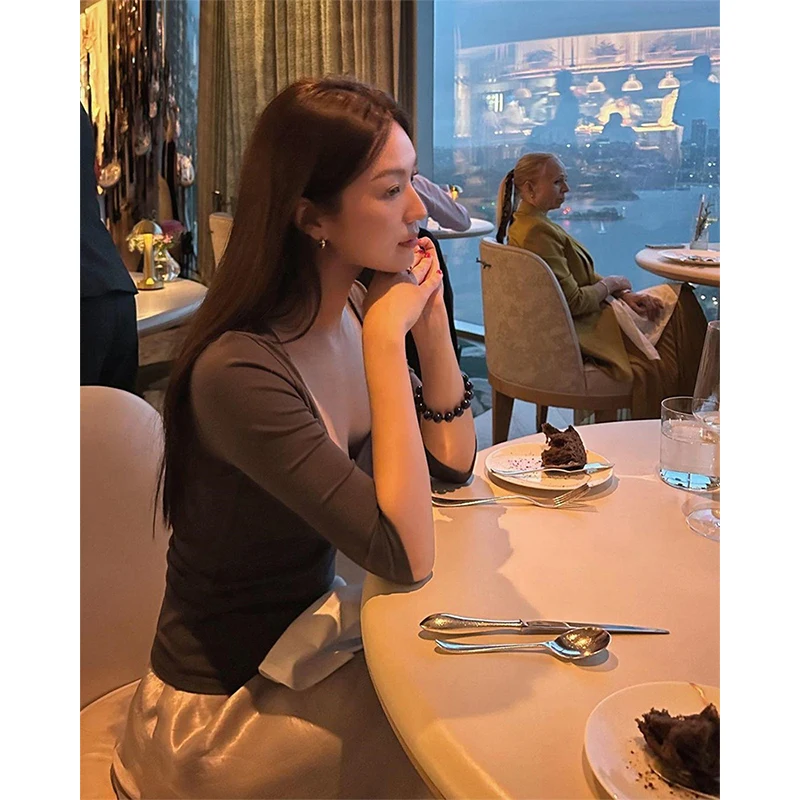 MEXZT Fashion T Shirts Women Streetwear Square Collar Crop Tops Ladies Elegant Korean Three Quarter Slim All Match Design Tees