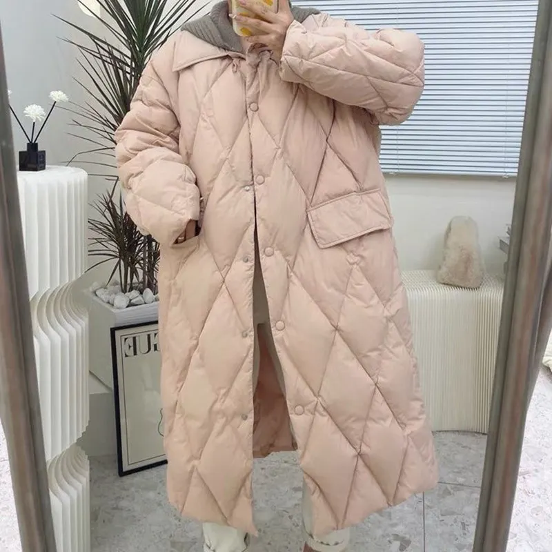 Winter Korean Style Long Cotton-padded Coat Women\'s Casual Stand-up Collar Argyle Pattern Oversized Parka Chic Jacket