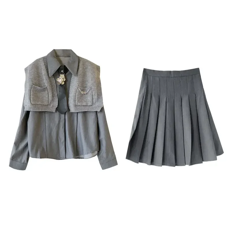 Autumn New Korea Japan Style Jk Set women's Short Suit Jacket White Shirt Short Pleated Skirt Fashion Grey Uniform Set