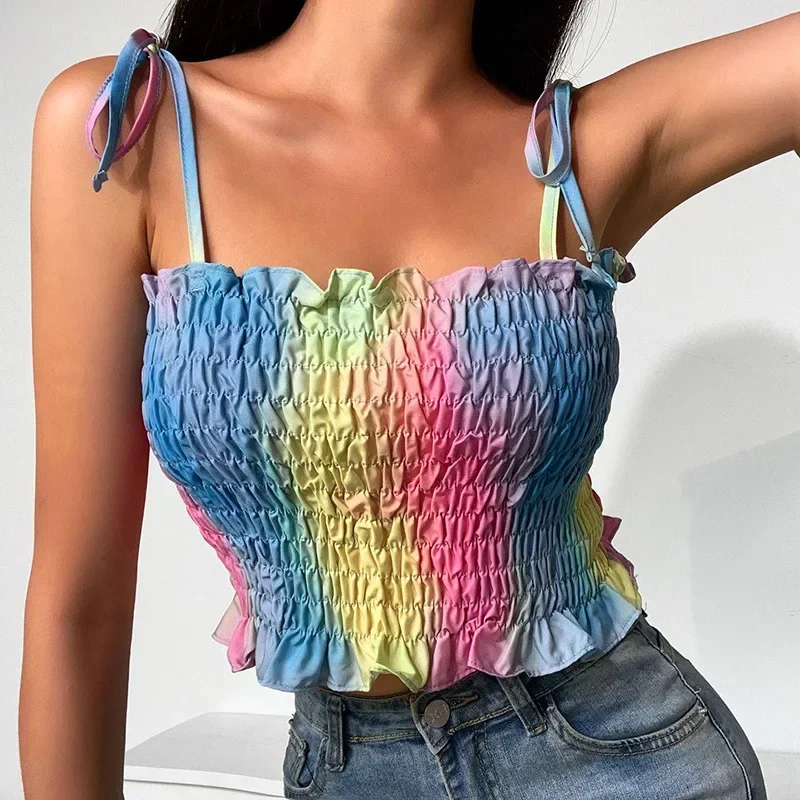 

Y2k Multicolour Sexy Sleeveless Tie Dye Crop Tops All-Match Party Tank Tops Ladies Elegant Casual Camis Spring Summer Women