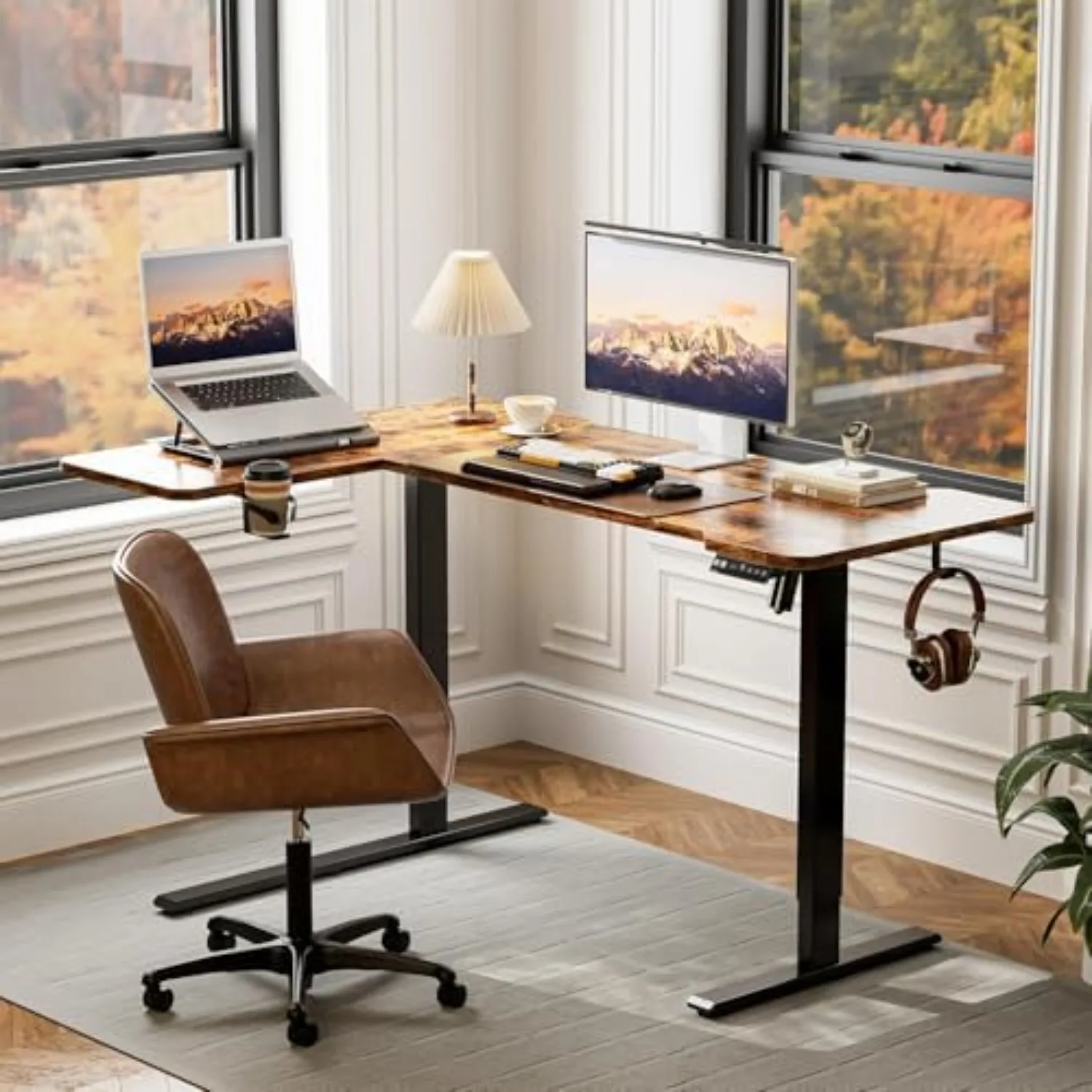 L Shaped Electric Standing Desk - 59x40 Inch Reversible Corner Sit Stand Desk with Hook&Cup Holder,Electric Height
