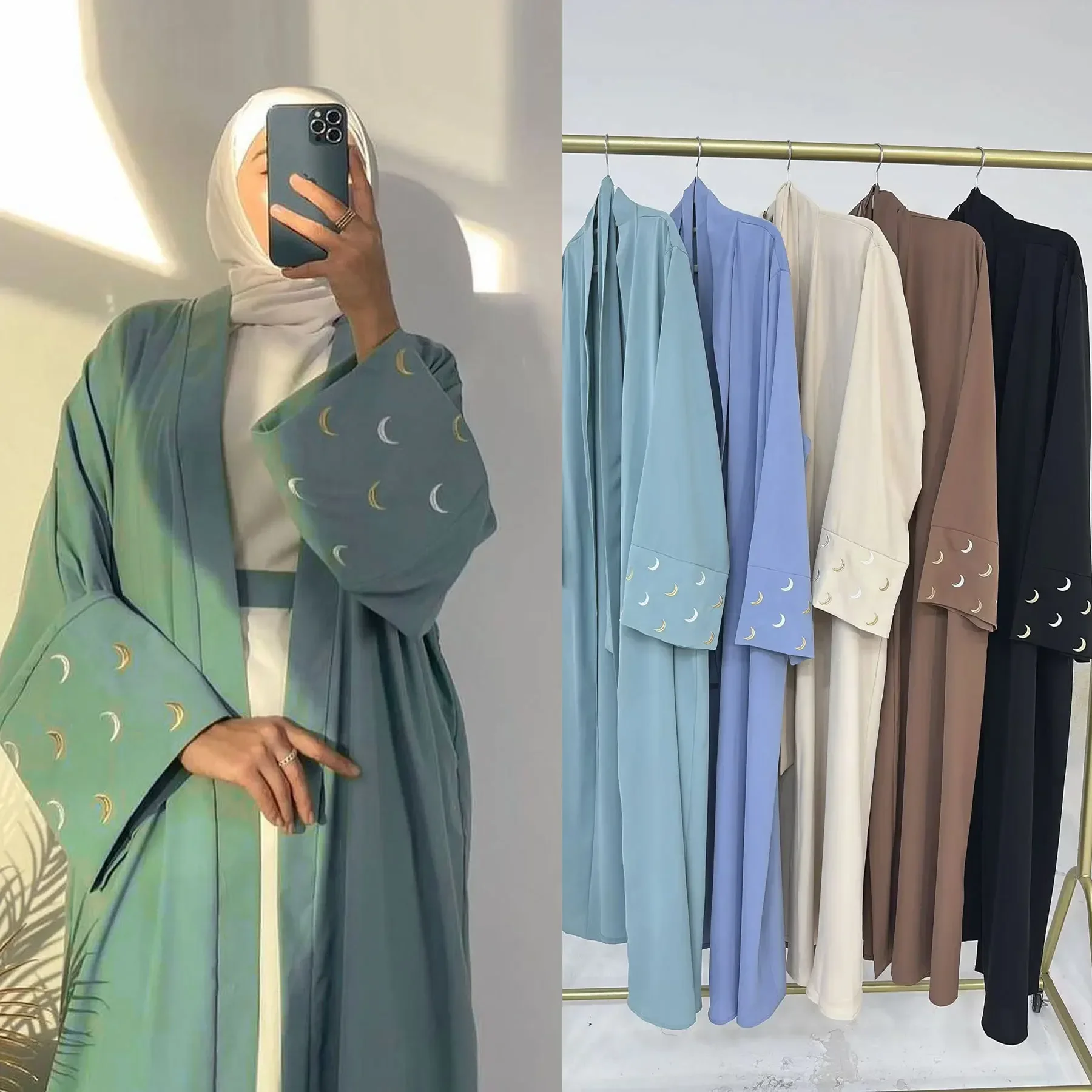 Mode Mond Stickerei Abayas Frauen Öffnen Kimono Strickjacke Robe Kleid Muslim Islamische Kleidung Eid Ramadan Dubai Kaftan Jalabiya