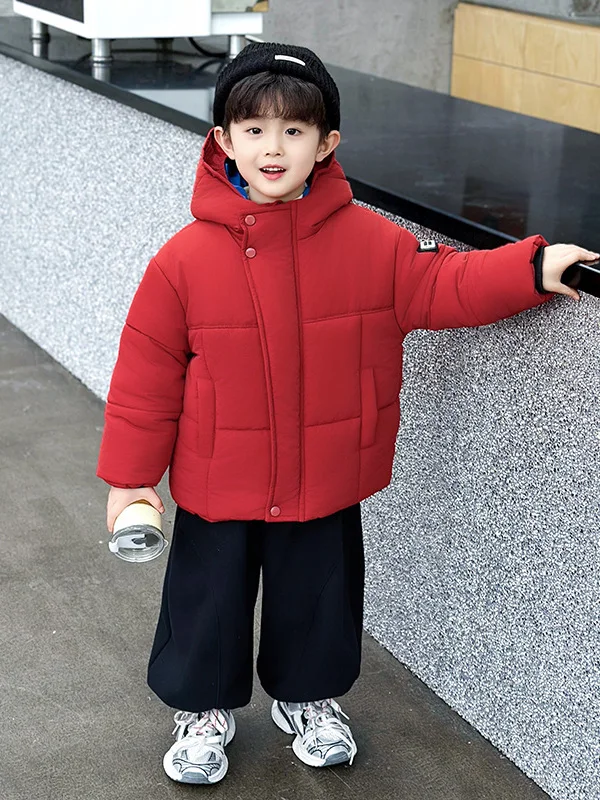 

Thiened Bread Jaet Cotton Coat for Boys Winter Faionable Hat Design Warm Long Sve Zipper Closure Youth Casual Wear