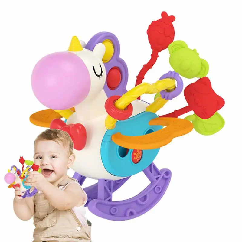 Pull String Activity Toy Colorful Animal Activity Rattle Soft Fidget Bath Toy Travel Learning Montessori Toy