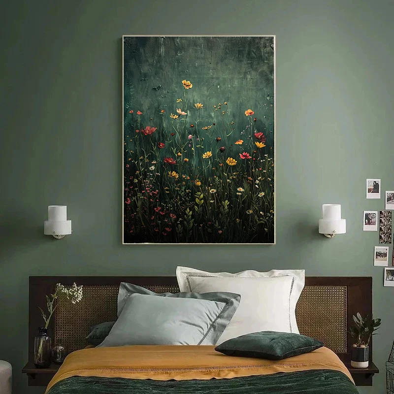 Wildflower Field Canvas Art Print - Vintage Botanical Landscape, Modern Farmhouse Decor, Frameless Wall  for Living Room, Bedroo