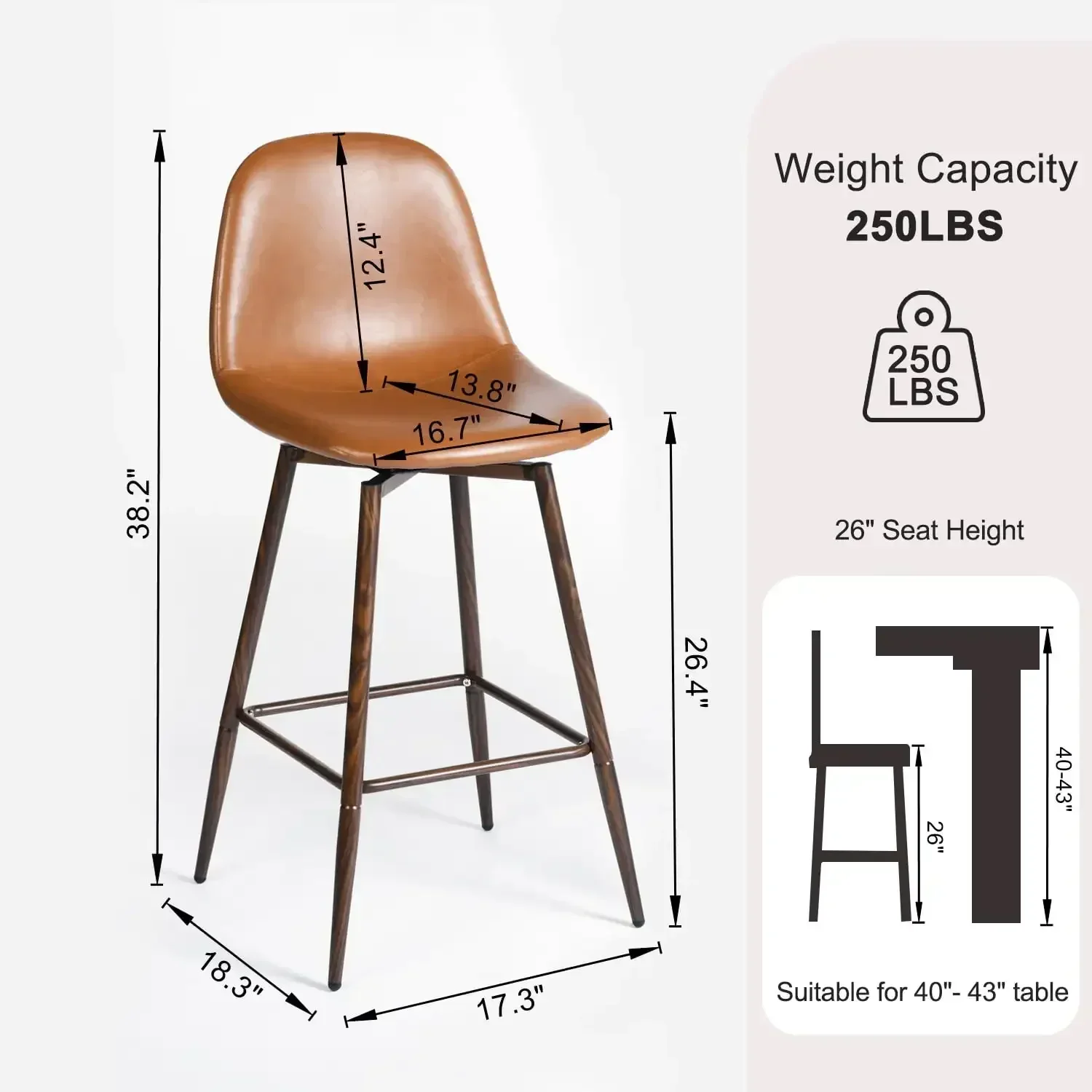 26" Counter Height Bar Stools Set of 2, Swivel Stools for Kitchen Island, Caramel Brown