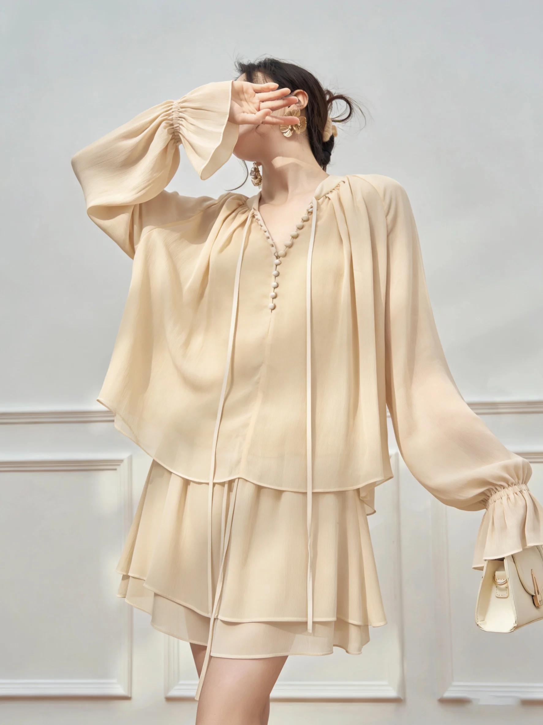 

2026 Spring Fashion Set Women's Apricot V-Neck Long Sleeve Shirt with Belt High Waist Skirt Casual Loose Style Spring Outfit