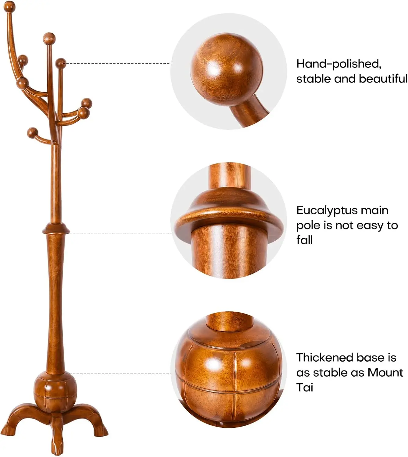 Freestanding Wood Tree Rack with 8 Hooks, Creative Design Tree Branch-look, Coat Tree Clothes Hanger Stand with Stable Sphere