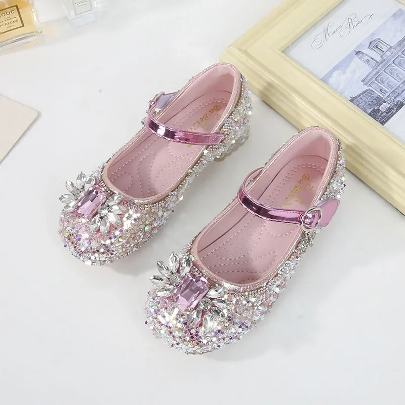 Girls Low heeled shoes Fashion Crystal Leather Kids Performance Shoes New Children Princess Weddings Parties Dances Footwear