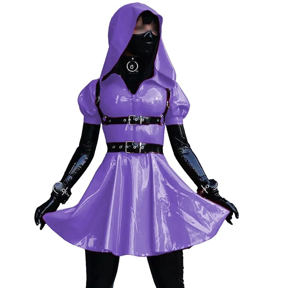 Mini vestido sissy de manga curta para mulheres, couro brilhante, uniforme de cosplay de empregada evasê de pvc, fantasias de Halloween, roupa de dança exótica, 7XL