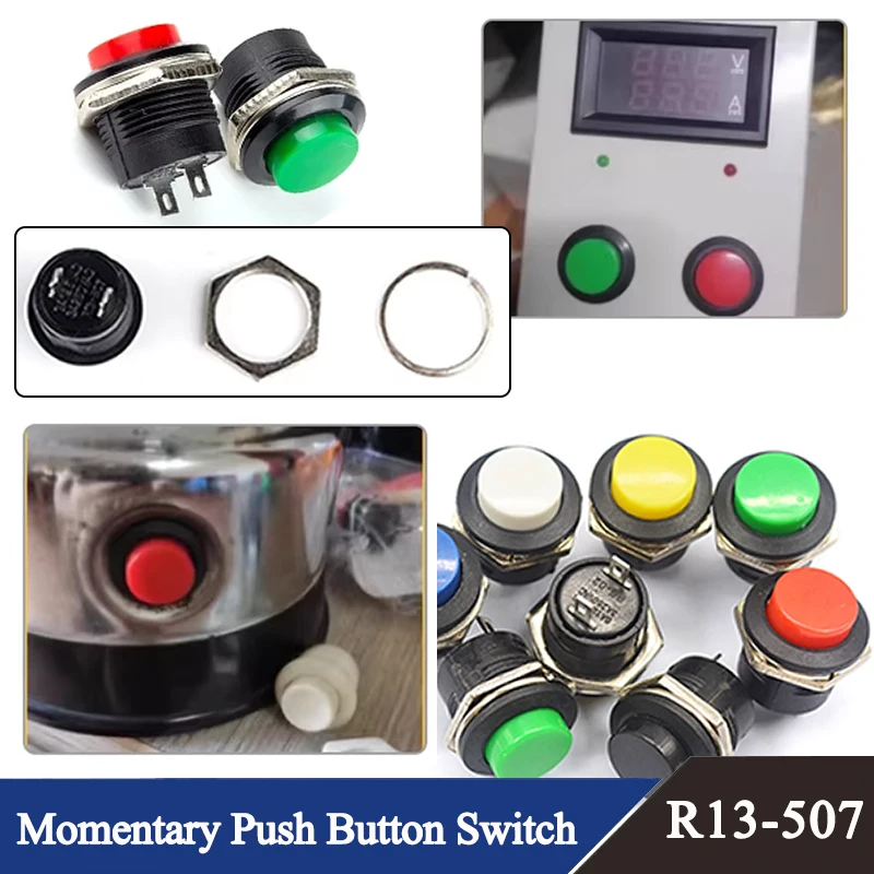 

R13-507 Momentary Push Button Switch 16mm 2Pins Black Blue Red White Yellow Green 6A/125VAC 3A/250VAC Round Power Switches