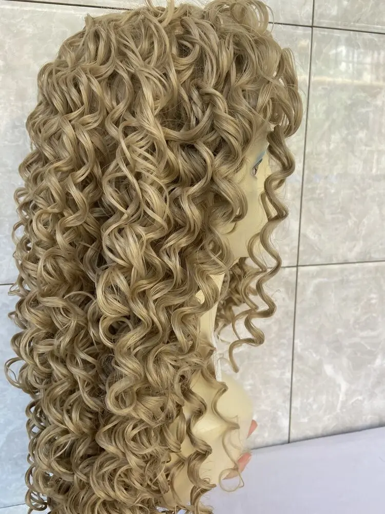 Lace Front Human Hair Blend Heat Ok Ash Blonde Wig Kinky Curly Synthetic Wigs