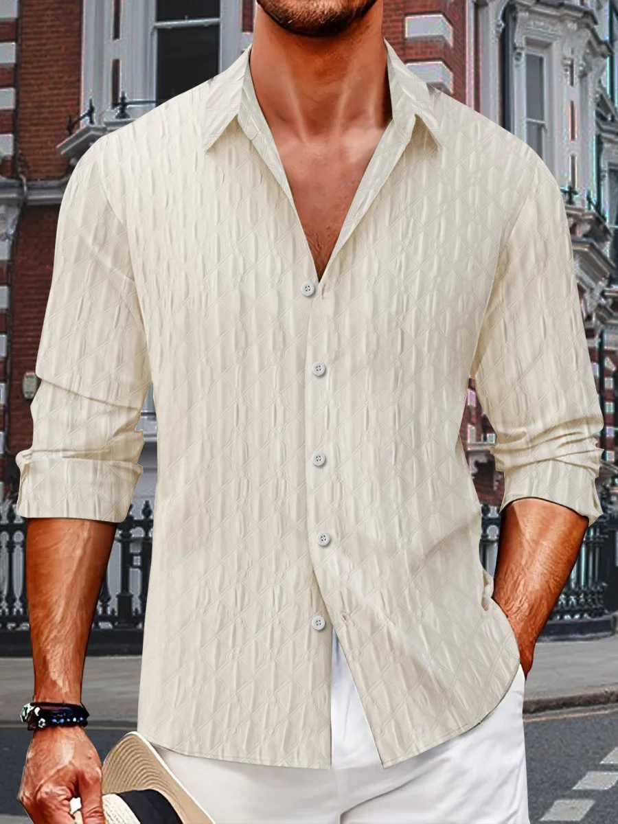 

New men's British casual fashion jacquard plaid lapel button holiday style slim long sleeve shirt street trend fast delivery
