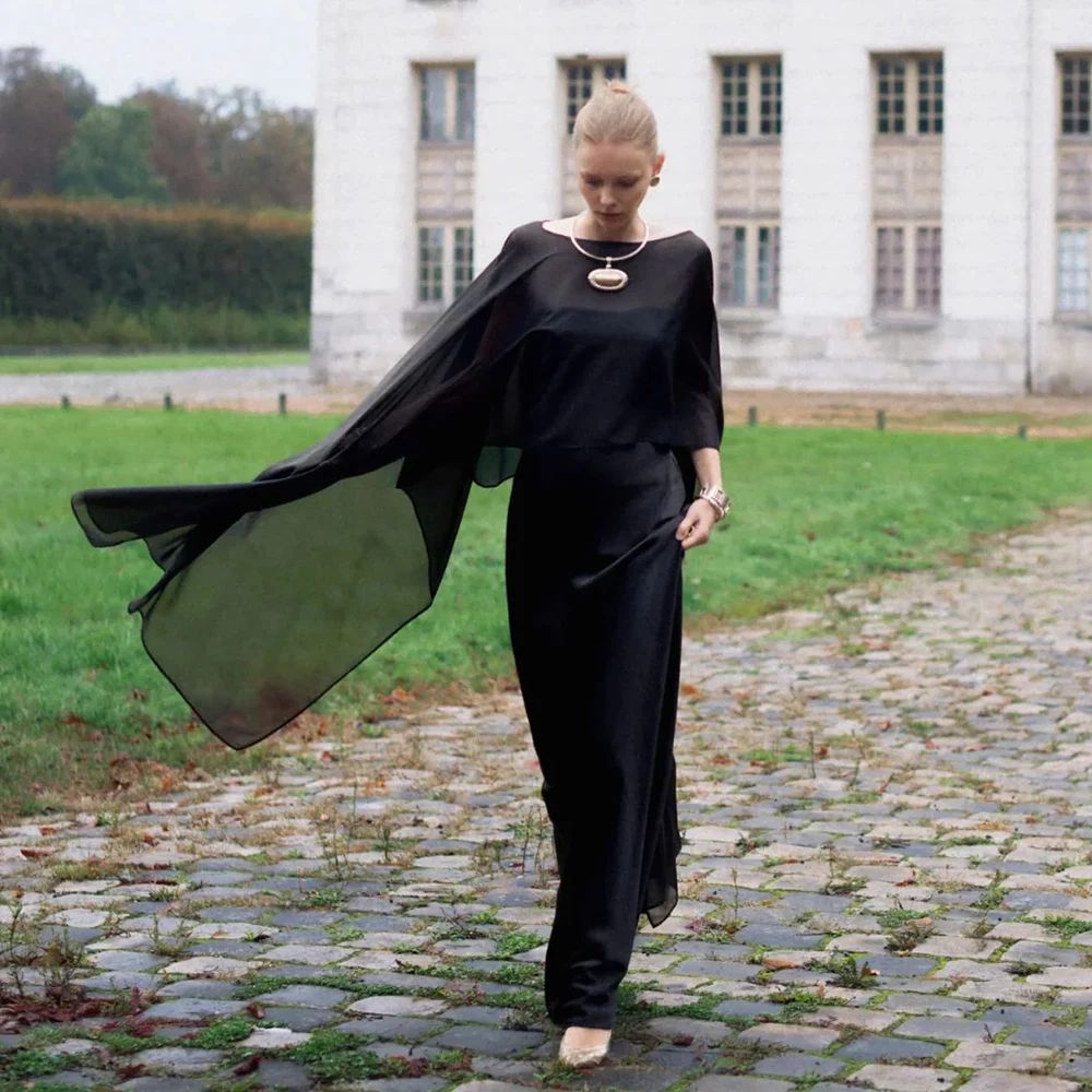 

Индивидуальные черные вечерние платья: простое платье с круглым вырезом для вечеринок, комплект из 2 предметов, атласное, иллюзорное, длинное, для выпускного вечера, на заказ