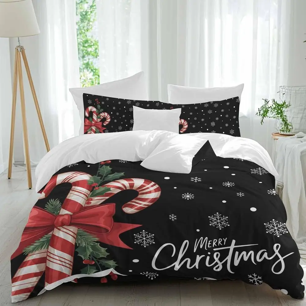 

Merry Chrisas Sheet Set, Xmas Red Bowknot Candy Canes Holly lakes Black Background 4 Pieces Breathable Sot Duvet Cover Set Beddi