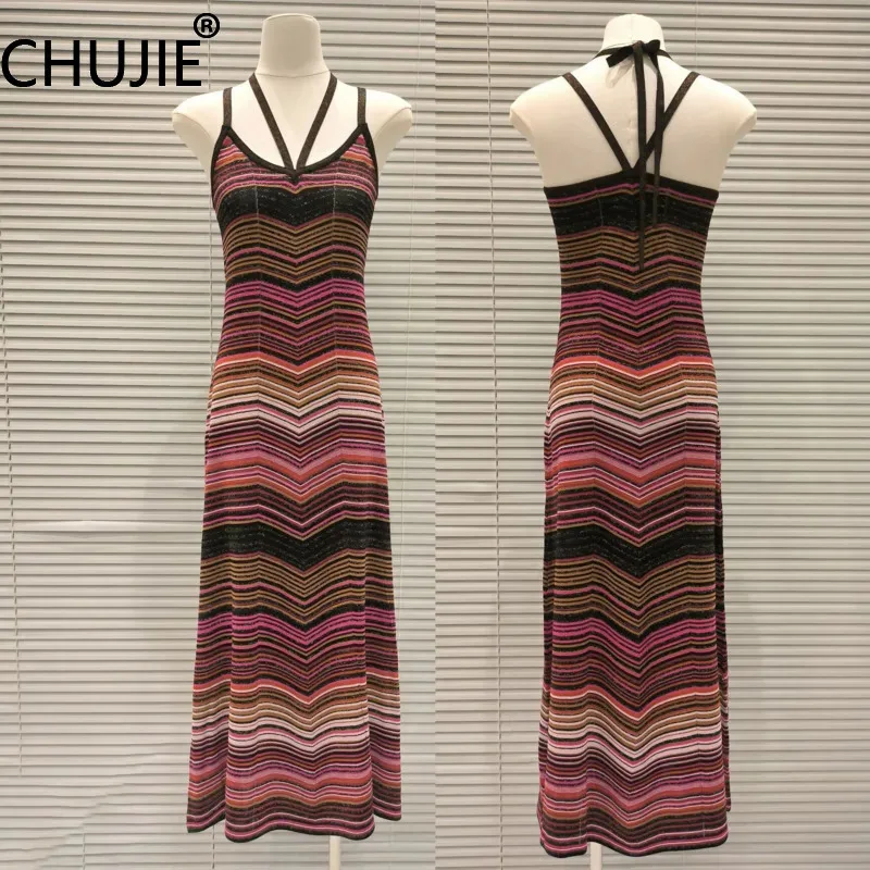 【CHUJIE】 طقم نسائي مخطط لصيف/خريف 2025 - سترة صوفية متباينة وفستان سهل الارتداء، ملابس من قطعتين بحزام رفيع للمنتجع