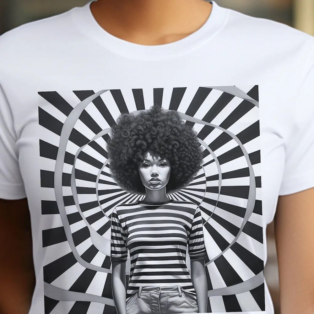 Afro Optical Illusion T Shirt African American Black Woman Art Monochrome Design Swirl Pattern Afrocentric Brown Skin Girls