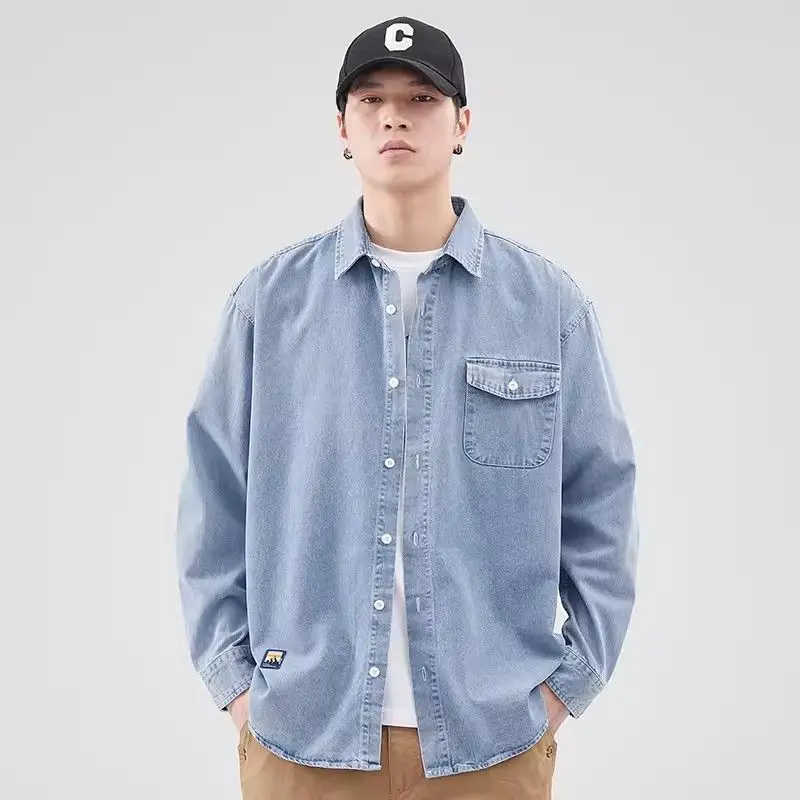 

Slim Fit Long Sleeve Denim Shirt Men's Summer Thin Casual Blue Shirt Trendy Streetwear Outerwear for Teenagers Cotton Polyester