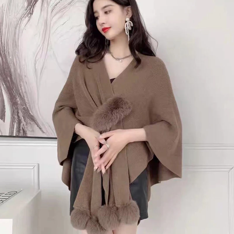 Women Knitting Crochet Cardigan Cloak Poncho Pompoms Capes Autumn Winter Open Front Sweater Elegant Shawl With Fluffy Pompoms