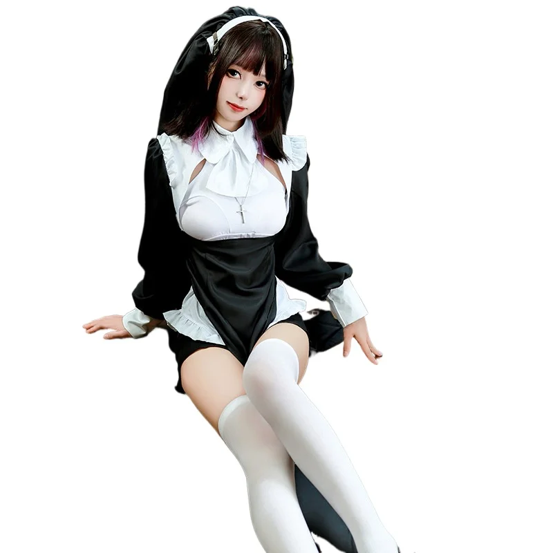 

Аниме униформа монахини, карнавальный костюм, длинное платье с высоким воротником и крестом, ожерелье, наряд для ролевых игр, ночная рубашка, полое нижнее белье, нижнее белье