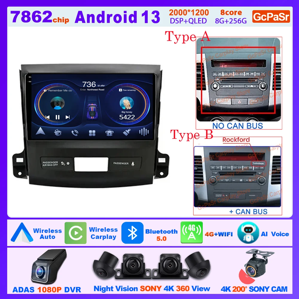 Carplay Android Auto Radio Voor Mitsubishi Outlander Xl 2 Cw 0W 2005 - 2011 Voor Citroen C-CROSSER 2007-2013 Multimedia 5G Wifi Gps