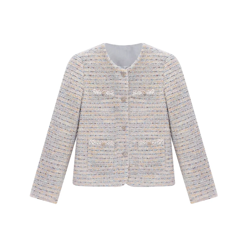 ALXNAN violet veste courte femmes 2025 automne hiver nouveau rayé col rond droit laine veste décontracté élégant vestes L57926