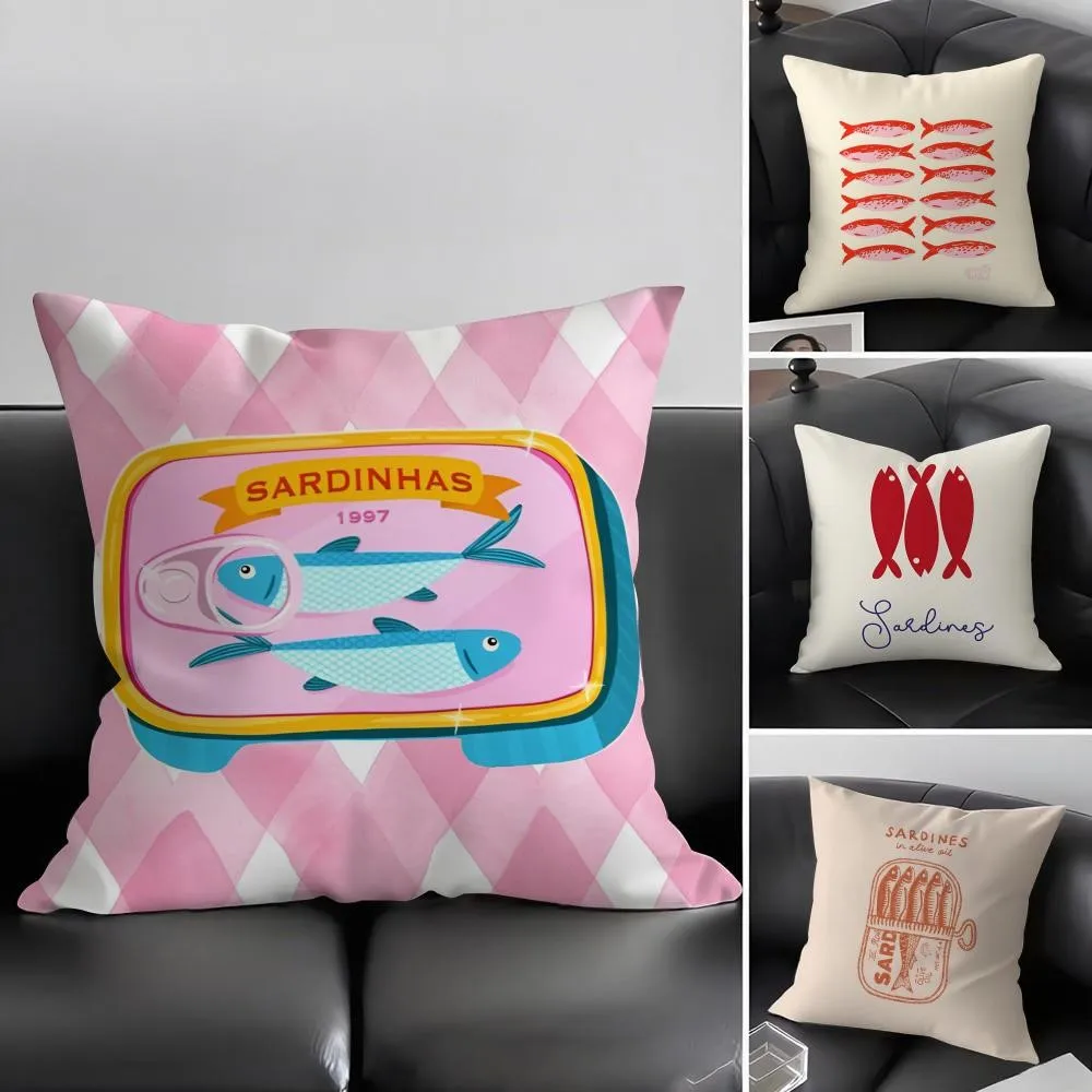 1Pc Cute Coastal Sardines Pattern Throw Pillow, Double-Sided Printing Design, Soft Plush Cushion with Insert, Perfect Gift