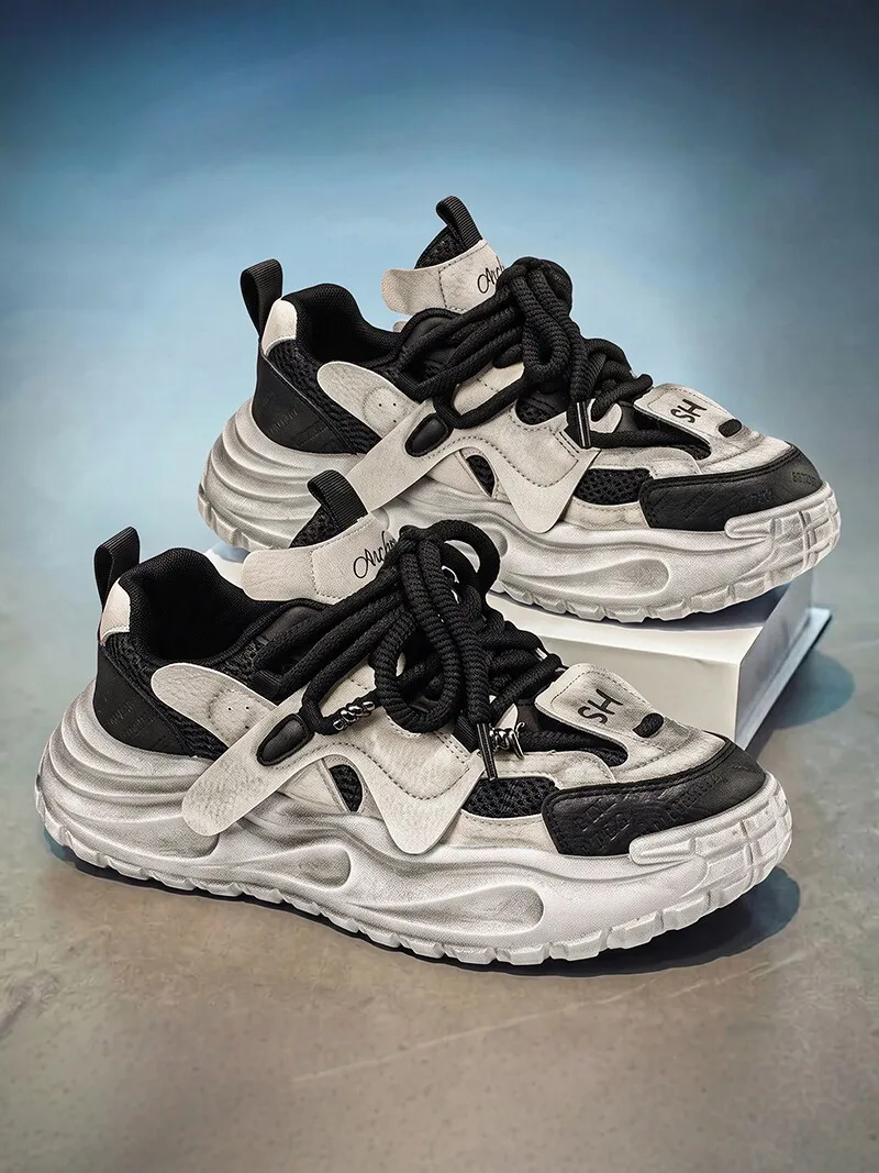 Men's Sporty Casual Shoes Breathable Mesh Anti-slip Thick Bottom Heightening Mesh Upper Street Style Comfortable Leather Inner