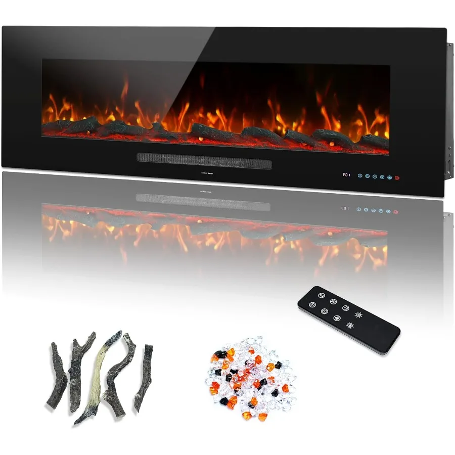 50 Camino Elettrico da Incasso e Riscaldatore a Parete con Fiamma a 13 Colori e Letto Carburante 5 Impostazioni Dimmer Touchscreen Inte