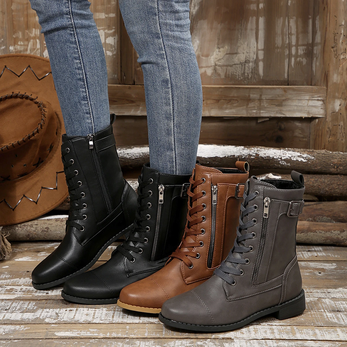 

New Style Fashion Retro Women's Round Toe Womens Mid Calf Boots Large Size Zip Motorcycle Boots Low Heel Women Shoes Trend Boots