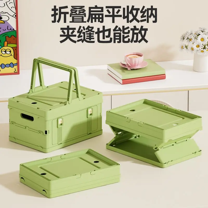 Foldable Green Storage Box With Handle, Collapsible Flat Storage Bin, Portable Plastic Storage Crate For Camping Travel Home