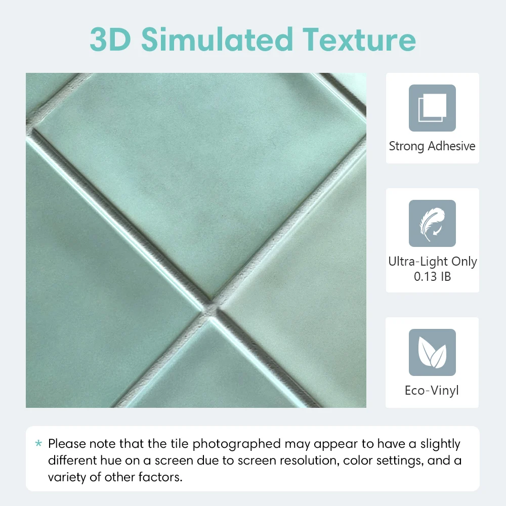 3D Tile Stickers, Self-adhesive Green Tile Backsplash for Kitchen Bathroom, Waterproof, Matt, 30 x 30cm, Interior Wall Decor