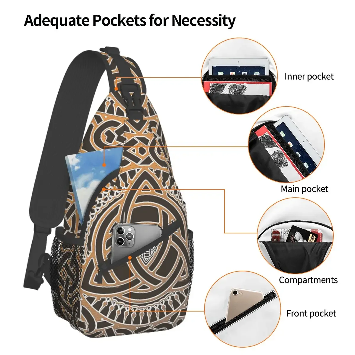 Triquetra Silver Crossbody Sling Bags Small Chest Bag Pentagram Pagan Shoulder Backpack Daypack Travel Hiking Camping Bookbag