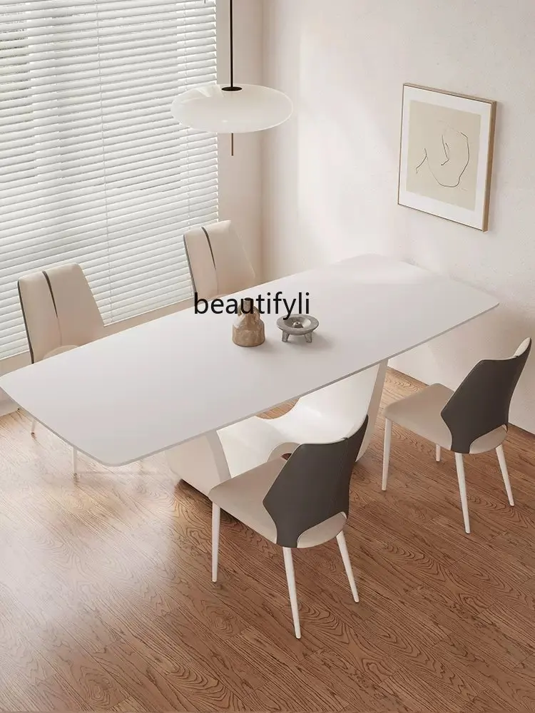 Pure White Stone Plate Dining Table Modern Simple Rectangular Design Household Cream Style Dining Table and Chair