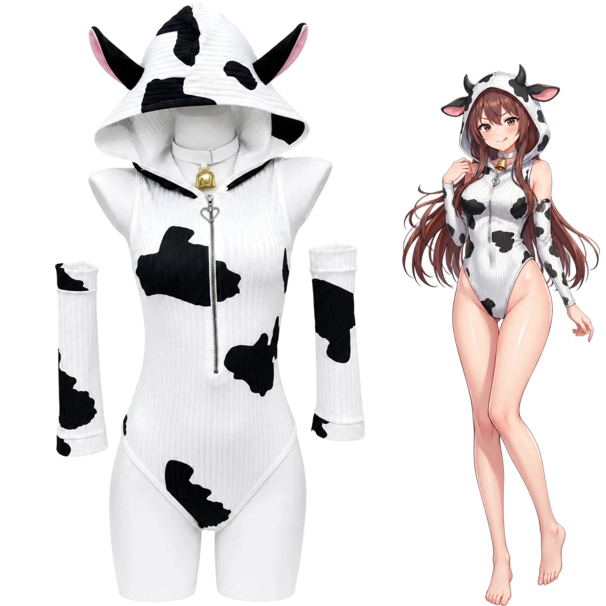 SENMHS Cow Print Cowgirl Cosplay Costume Women Hooded Bodysuit Long Sleeve Gloves Cow Ears Bell Collar Halloween Party Outfit